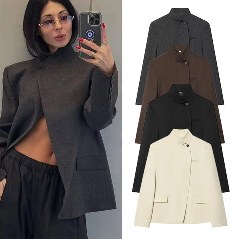 Autumn Causal Blazer Jackets For Women Vintage Stand Collar Full Sleeve Outwear Single Button Loose Coats