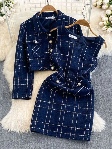 Autumn Dress Suit Women Korean Chic Blue Tweed Jacket + Vest Dress Elegant 2 Piece Set Long Sleeve Cropped Coat