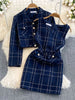 Autumn Dress Suit Women Korean Chic Blue Tweed Jacket + Vest Dress Elegant 2 Piece Set Long Sleeve Cropped Coat