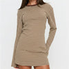 Y2K Striped T Shirt Dress Women Long Flare Sleeve Crew Neck Contrast Trim Ruched Side Curved Hem Casual Mini Streetwear Dress