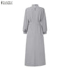 Women's Elegant Chic Maxi Dresses Turtleneck Lantern Sleeves Belted High Waist Pleated Long Dress Korean Style Robe Femme