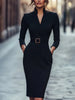 Elegant Party Prom Dress For Woman Spring Autumn V-neck High Waist Long Sleeves Mid-length Dresses Ladies Solid Vestidos