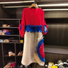 Pleated Tie Flower Long Sleeve Women's Dress Chic Loose Colorblock Patchwork Design Beading Famale Clothing 2DB6651