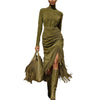 Womens Midi Dress Olive Velvet Turtleneck Ruched Fringe High-Slit Slim-Fit Streetwear Evening Vestido