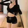 Low-Waisted Black Slim Fit Denim Shorts Women Sexy Girls Rivet Belt Design Unique Y2K Shorts Nightclub Bodycon Pants