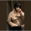 Women Camel Ribbed Knit Cardigan Zip Up High Collar Long Sleeve Cropped Sweater Flap Pockets Jacket Casual Autumn Outfits