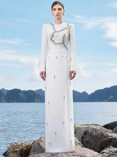 High Street Designer Women's Long Sleeve Crystal Diamonds Beaded Long Maxi Dress