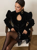 Women's Black Velvet Peplum Blouse Coat Cutout Puff Sleeve Button Front Elegant Party Long Sleeve Top Lady Outerwears