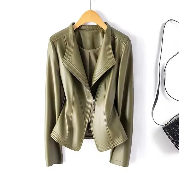 Leather Jacket Women's Short Slim Sheepskin Coat Spring Autumn Leather Jacket Long Sleeve Lapel Zipper Outwear