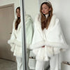 Women Furry Trim Hooded Cape Coat Warm Loose White Shawl Cloak Winter Evening Party Festival Elegant Lady Outfit