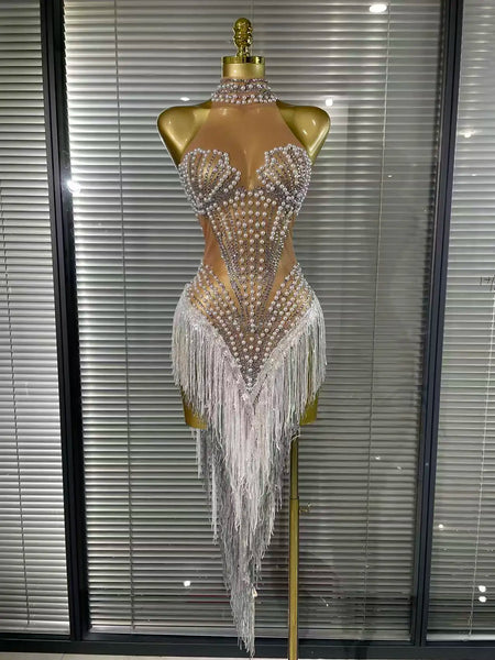 White Golden Color Women Sexy Off the Shoulder Shining Sequins Beading Bodycon Mid-calf Dress Birthday Photoshoot Stage Wear
