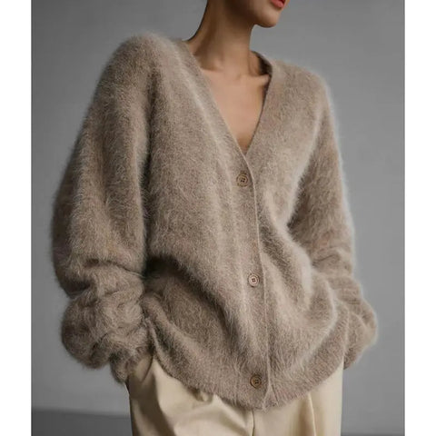 Spring Autumn Women Cardigan Sweater Jacket Imitation Mink Fur Versatile Female Sweater V-neck Loose Ladies Knitted Top