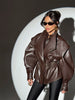 Solid PU Leather Jacket Women Turn-down Collar Zipper Front Puffy Sleeves Stylish Coat Spring Casual Lady Outerwear