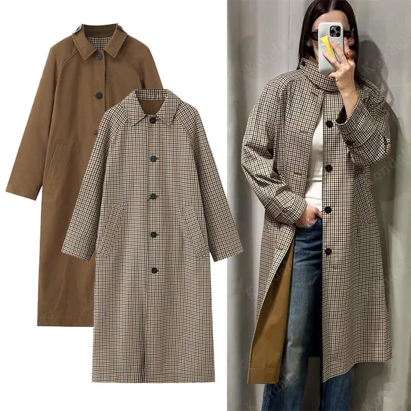 Double Sided Plaid Long Jackets For Women Single Breasted Long Sleeve Commute Street Female Trench Coat Autumn Chic Outwear