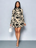 Autumn High Neck Floral Leaf Print Long Sleeve Women's Dress Waist Cinching Mini A-Line Skirt Casual Elegant Style