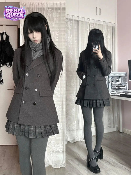 Japanese Vintage Academy Style 2 Piece Set Women Double Breasted Thickened Wool Coat Pleated Plaid Mini Skirt Slim Fit Casual
