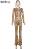 Leopard Contrast Letter Print 2 Piece Set Women Hooded Full Sleeve Crop Jacket+Skinny Stretch Flare Pants Suits