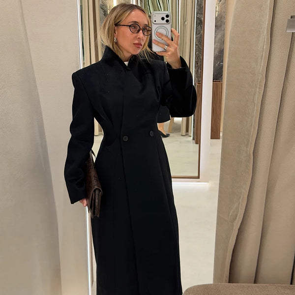 Autumn Commute Women's Maxi Coat Solid Long Sleeve Shoulder Padded Straight Slim Overcoats Office Daily Lady Outwears