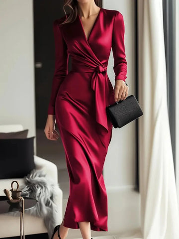 Satin Long Sleeve V Neck Wrap Tie Waist Elegant Midi Dress for Women Evening Party Cocktail