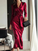 Satin Long Sleeve V Neck Wrap Tie Waist Elegant Midi Dress for Women Evening Party Cocktail