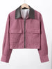 Corduroy Cropped Short Jackets Women Casual Contrast Collar Long Sleeves Zipper Coat Lady Spring Daily Street Wear