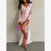 Women White Floral Print Puff Sleeve Blazer Collar Peplum Mermaid Midi Dress Elegant Casual Gown Bridesmaid Wedding Sundress