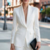 Women Formal Blazer Jacket Shawl Lapel Deep V Neck Shoulder Pad Long Sleeve Slim Office Business Coat