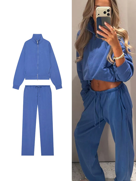 Women's Pant Suits Stand-Up Collar Zipper Long Sleeves Jacket Lace-Up Straight Trousers Autumn Female Set