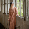 Vintage Women Ramie Cotton Dresses V-Neck Long Sleeve Spring Robes Loose Chinese Style Tie-dye A-Line Dress