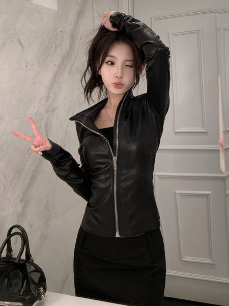 Streetwear Solid Women PU Jackets Y2k Aesthetic Zipper Slim Fit Cropped Elastic Coats Harajuku Casual Black Punk Mujer Chaqueta