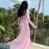 Elegant Pink Irregular Pleated Maxi Dress Women O-Neck Long Sleeve Ruched Slim Long Dress Wedding Guest Evening Party Robes