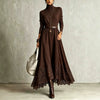 Women Vintage Boho Turtleneck Long Sleeve Maxi Dress Lace Hem Sashes Waist Flowy Long Dress Fall Winter Elegant Ladies Robe