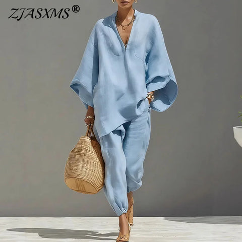 Female Clothing Two Piece Set Spring V Neck Loose Top Pullover & Long Pants Outfits Woman Batwing Sleeve Vintage Suit Mujer