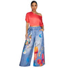 Women Fake Denim 3D floral Print Loose Wide Leg Jogger Pants Streetwear Active Hip Hop Sweatpants Trousers