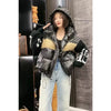 Women's Patchwork Hooded Down Jacket Knitted Sleeves Letters Thickened White Duck Down Outerwear Jackets for Women