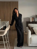 Women's Black Ruched Lace-up Blazer Co Ord Set Notched Collar Long Sleeve Cinch Waist Wide Leg Pants Casual Matching Suit