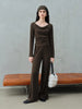 Women's Knit Coordinate Set - Drop Collar Knit Top & Straight Leg Pants Office Casual Two Piece Set Elegance