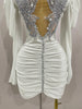 Sparkly Crystals Sexy Mesh White Velvet Short Dress Women Elegant Evening Prom Birthday Party Dresses Stage Costume