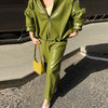 Street Zipper Leather Jackets Skirts Sets Women Loose Stand Collar Full Sleeve Coat Straight Skirt Autumn Winter Lady Suit