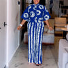 5XL Vonda Plus Size 2 Piece Outfits Autumn Women Bohemian 3/4 Sleeve Shirts Wide Leg Pants Print Vintage Pant Sets 2PCS