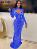 Women Mesh See Though Diamonds Rhinestones Cutout Front Long Sleeve Sexy Party Club Evening Prom Maxi Long Dress