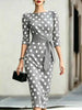 Women Polka Dot Bodycon Midi Dress 3/4 Puff Sleeve Boat Neck Contrast White Tie Waist Slim Pencil Formal Wedding Guest Dresses
