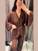 Women's Trousers Sets V-neck Crinkle Wave Texture Lace Up Tops High Waist Straight Trousers Street Office Lady Partywear