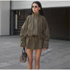 Shiny Stand Collar Short Jacket Women Puff Sleeve Drawstring Waist Cinching Pleated Jackets Autumn Causal Lady Outerwear