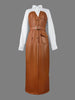 Womens Dresses Shirt PU Skirt Autumn Buttons Long Sleeve Patchwork Pocket Skinny Belted Lapel Female Midi Dress