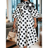 Black Polka Dot Flower Print Women Midi Dress High Neck Puff Sleeve Waist A-Line Casual Daily Party Dress