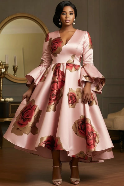 Elegant Floral Printed Plus Size Dress for Women's Sexy V-neck Ruffle Flare Sleeve Pleated A-line Satin Cocktail Evening Dresses