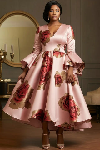 Elegant Floral Printed Plus Size Dress for Women's Sexy V-neck Ruffle Flare Sleeve Pleated A-line Satin Cocktail Evening Dresses
