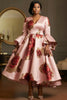 Elegant Floral Printed Plus Size Dress for Women's Sexy V-neck Ruffle Flare Sleeve Pleated A-line Satin Cocktail Evening Dresses