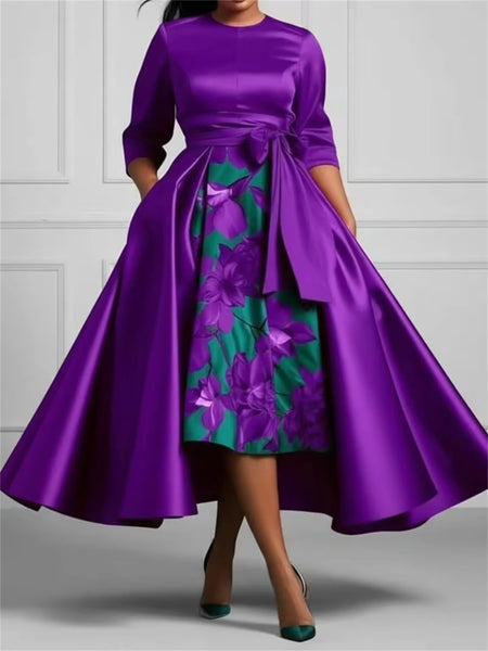 Plus Size Women Round Neck 3/4 Sleeve Satin High Low Dress Bow Floral Print Elegant Formal Wedding Guest Cocktail Dress